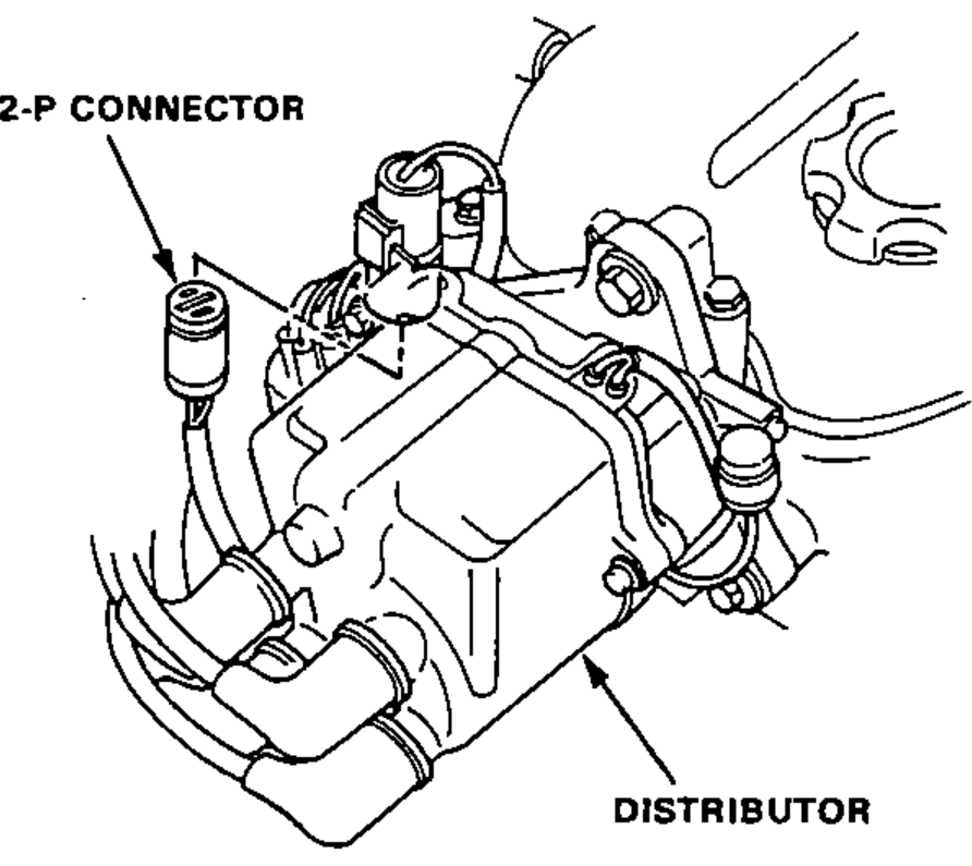The distributor with the 2-P connector (ignition coil primary lead) being disconnected.