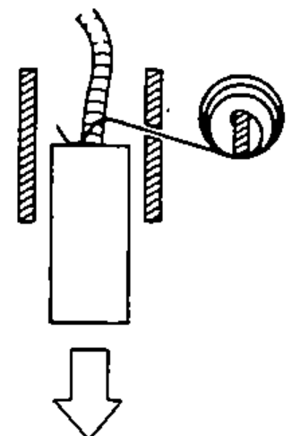 Detail of a brush being pushed down between its guides against the commutator, with a downward arrow indicating the seating direction.