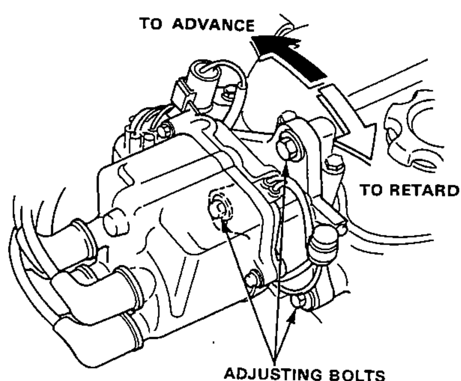 The distributor with its adjusting bolts loosened; arrows show turning the housing counterclockwise to advance and clockwise to retard the timing.