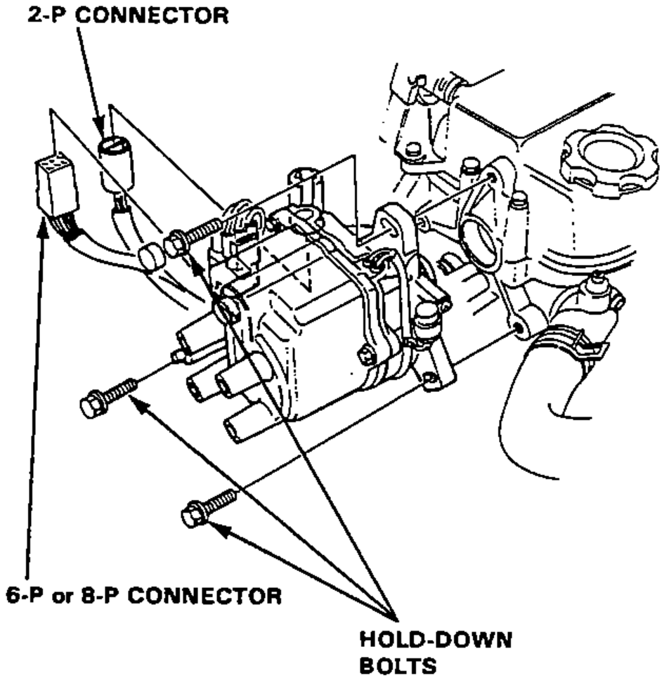 The distributor mounted on the cylinder head showing the 2-P connector, the 6-P or 8-P connector, and the hold-down bolts to remove.