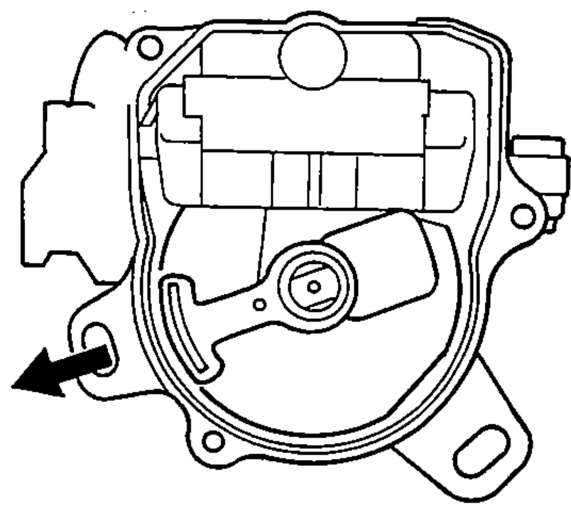 Top view of the distributor with the rotor installed, with an arrow showing the direction the rotor should face (toward the No. 1 cylinder).