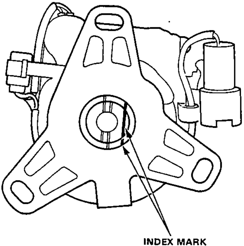 View of the distributor housing/coupling showing the alignment of the index mark on the housing with the index mark on the coupling.