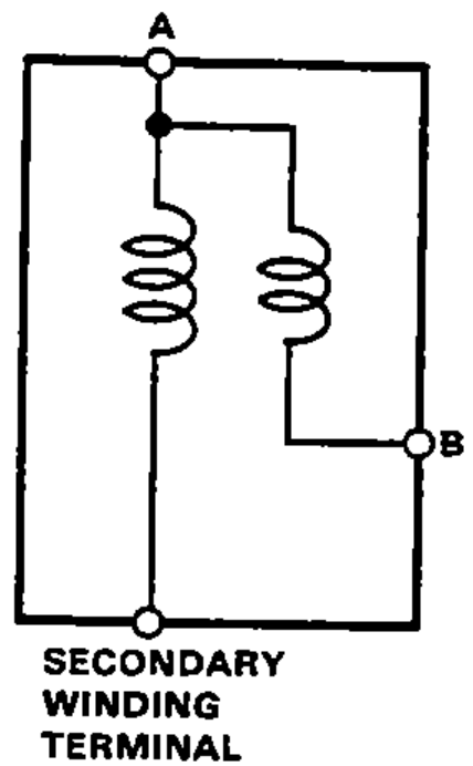 Schematic of the ignition coil windings showing terminals A and B for the primary winding and the secondary winding terminal, used to identify the resistance measurement points.