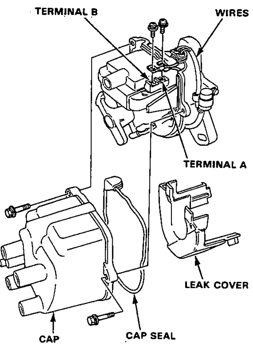 Exploded view of the distributor with the cap, cap seal and leak cover removed, showing the BLK/YEL and WHT/BLU wires at terminals A and B and the two screws.