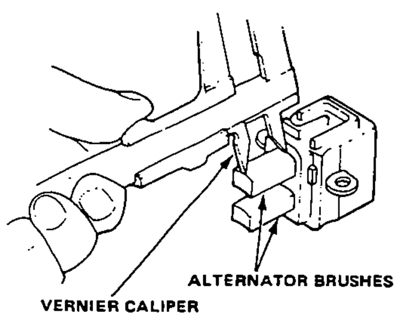 Measuring the length of the alternator brushes with a vernier caliper.