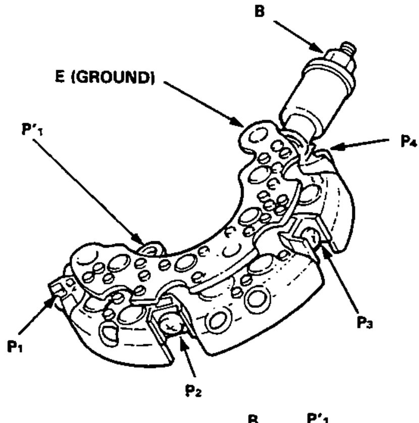 Rectifier (diode) assembly showing the terminals used for continuity checks: B, E (GROUND), P'1, P1, P2, P3, P4.