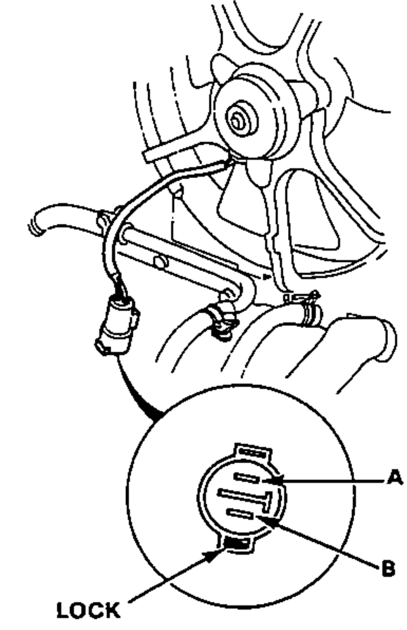 A-Type radiator fan motor, showing the fan, the 2-P connector location and a magnified inset of the connector with A and B terminals and the LOCK tab.