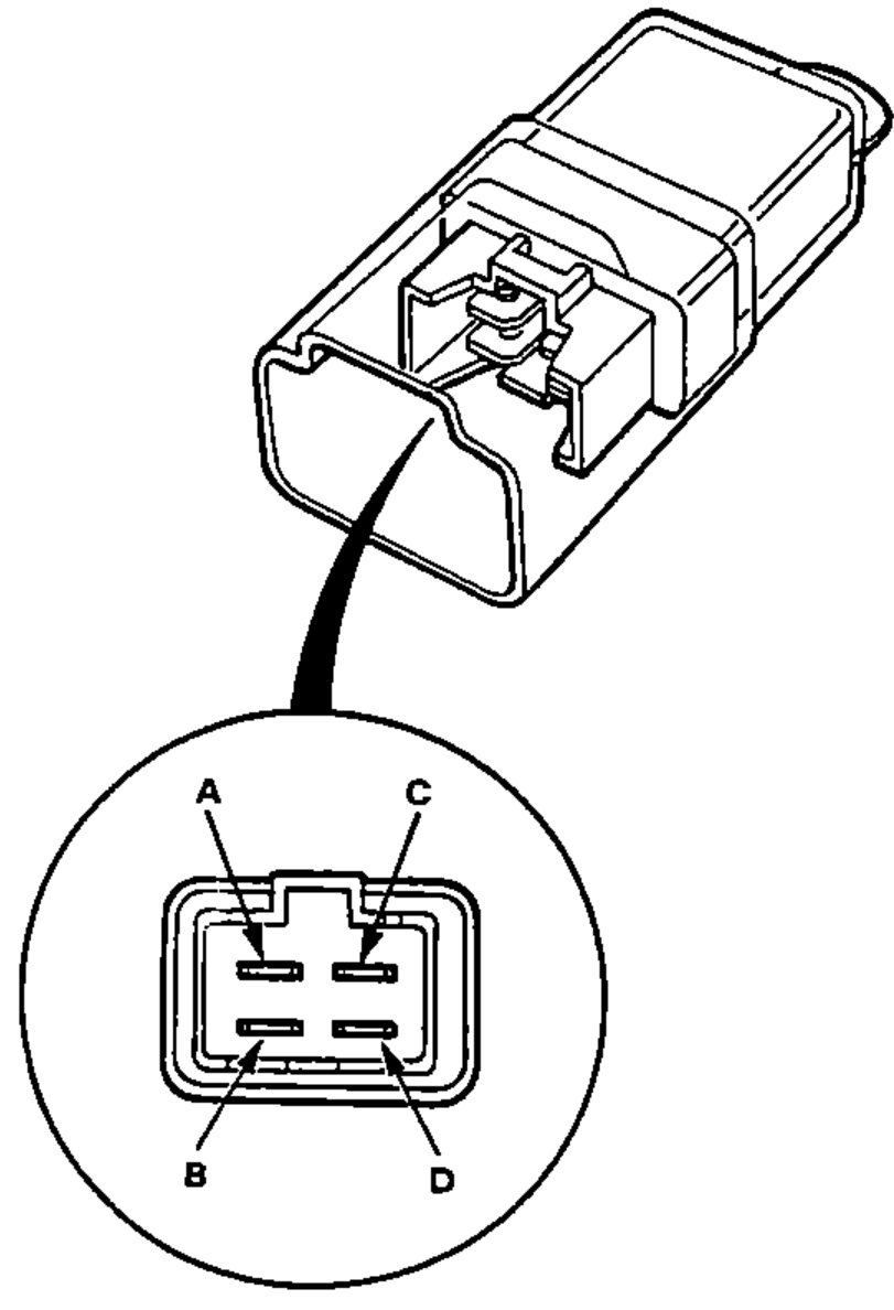 Radiator/condenser fan relay with a magnified inset of the connector face showing the A, B, C, D terminal layout.