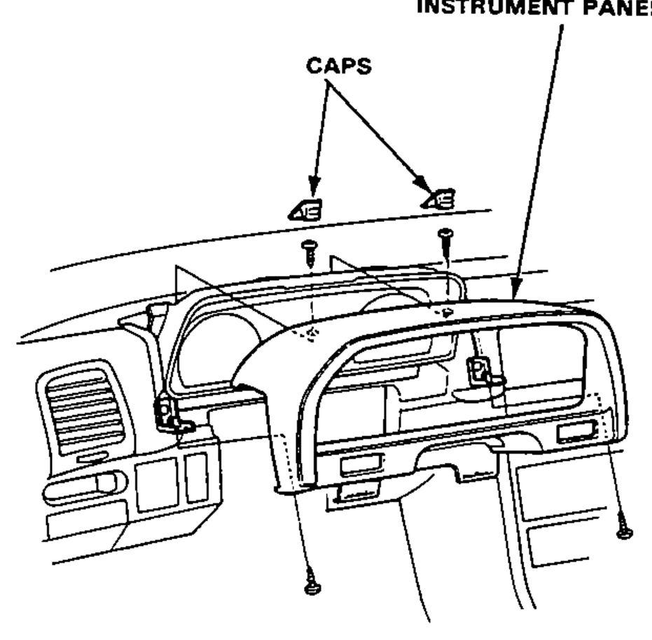 Illustration of the instrument panel removed from the dashboard, showing the caps and 4 screw locations.