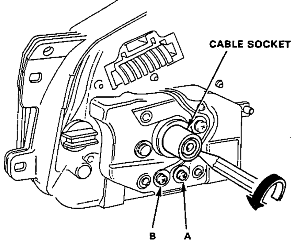 Nippon Seiki type gauge assembly (rear), showing the speedometer cable socket and the A and B speed-pulser terminals, with a pencil (lead removed) inserted into the cable socket to turn it.
