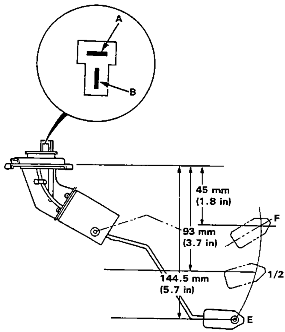 Detail view of the sending unit terminals A and B (inset circle) and the float arm at the three measured positions F (FULL), 1/2 (HALF FULL) and E (EMPTY), with the float-height dimensions 45 mm, 93 mm and 144.5 mm.