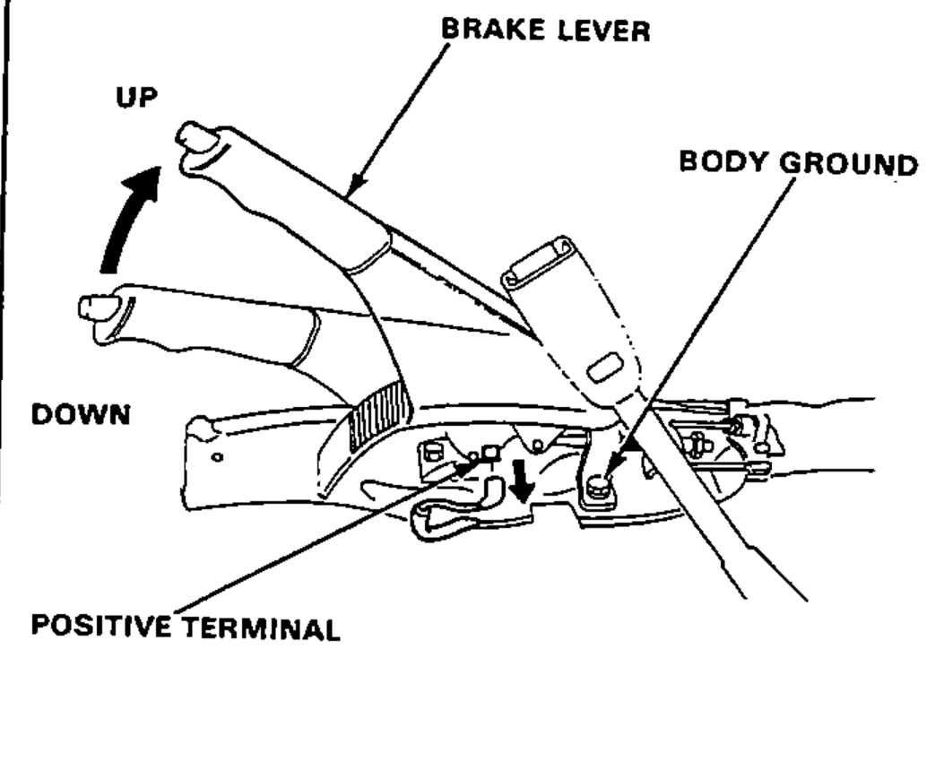 Parking brake lever assembly showing the parking brake switch. Arrows indicate the UP and DOWN lever positions. Leaders point to the BRAKE LEVER, BODY GROUND, and POSITIVE TERMINAL.