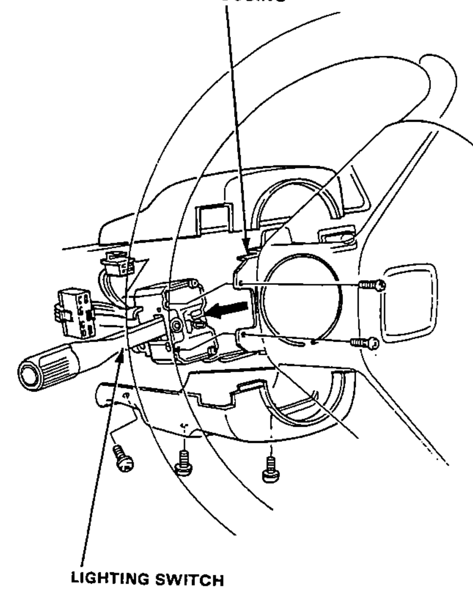 Steering-column illustration showing removal of the lighting switch from the housing; an arrow indicates sliding the switch out. Screws are shown at the base of the column.
