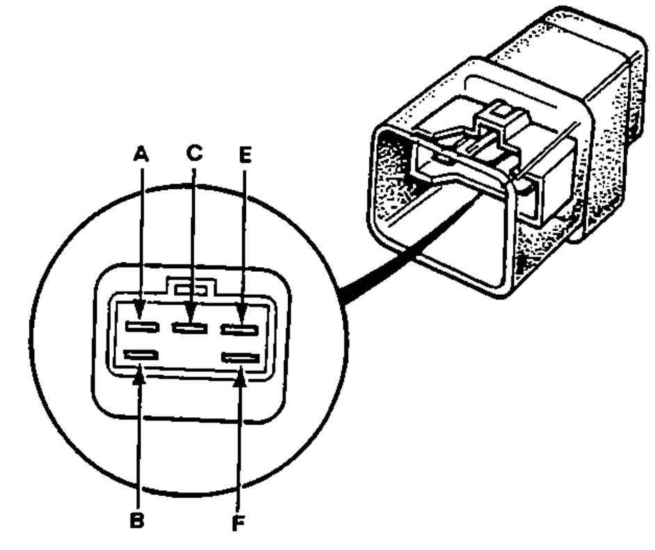 Dimmer relay (headlight unit) shown with an enlarged circular terminal-side view of the 6-terminal connector. Top row terminals A, C, E; bottom row terminals B, F.
