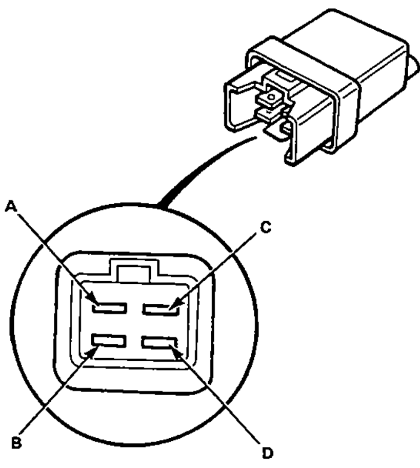 Lighting relay shown with an enlarged circular terminal-side view of the 4-terminal connector. Terminals A and C on top row, B and D on bottom row.