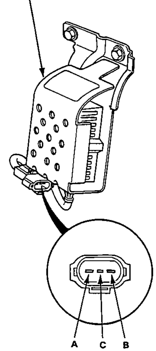 Dim-Dip resistor illustration (located left side, engine compartment) with an enlarged circular terminal-side view of the 3-terminal connector. Terminals A, C, B.