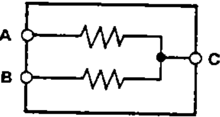 Internal schematic of the Dim-Dip resistor: two resistors, one from terminal A and one from terminal B, both joined to terminal C.