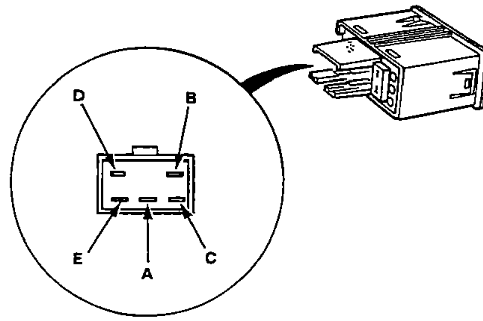 Rear fog light switch shown with an enlarged circular terminal-side view of the connector. Top row terminals D, B; bottom row terminals E, A, C.