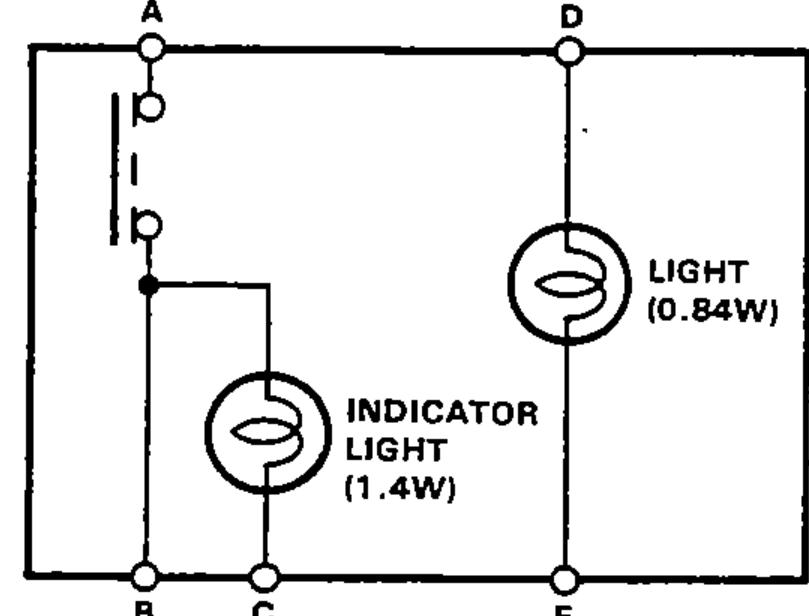 Internal schematic of the rear fog light switch: switch contact from terminal A; INDICATOR LIGHT (1.4W) branch to terminals B/C; LIGHT (0.84W) branch to terminals D/E. Top terminals A, D; bottom terminals B, C, E.