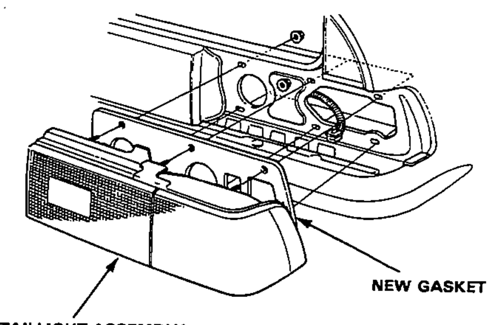 Taillight assembly removal illustration: rear body corner with the taillight assembly, mount nuts, and gasket. Labels point to the TAILLIGHT ASSEMBLY and the NEW GASKET.