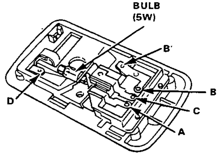 Interior view of the dome light housing showing the 5W bulb and the terminal positions D, B', B, C, A.