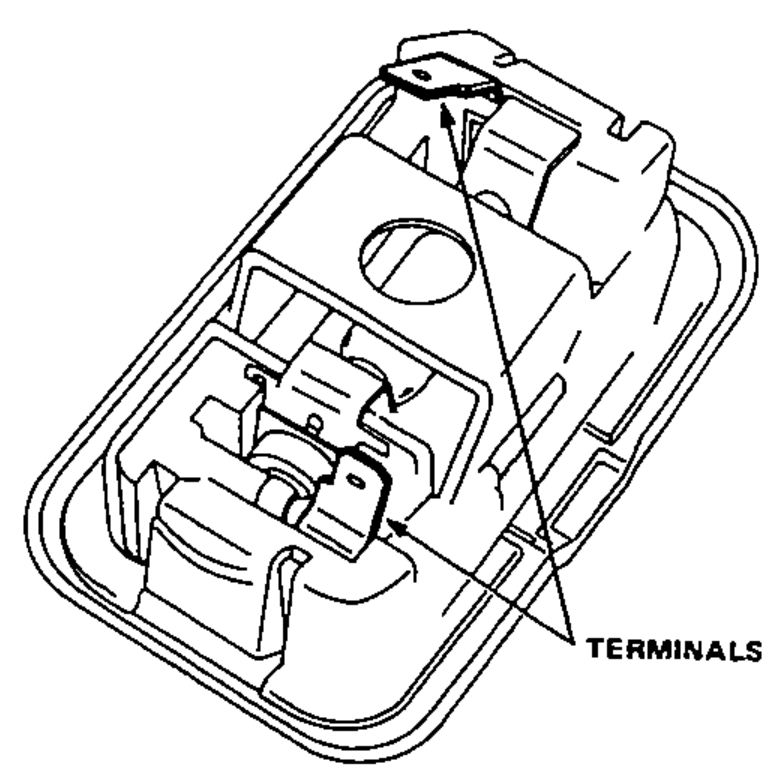 Interior view of the trunk light housing showing the two terminals.