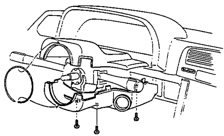 Steering column with the column covers removed, showing the combination/hazard switch area with mounting screws indicated.