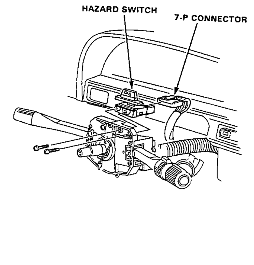 Underside of the steering column showing the hazard switch and its 7-P connector to be disconnected, with the combination switch and mounting screws.