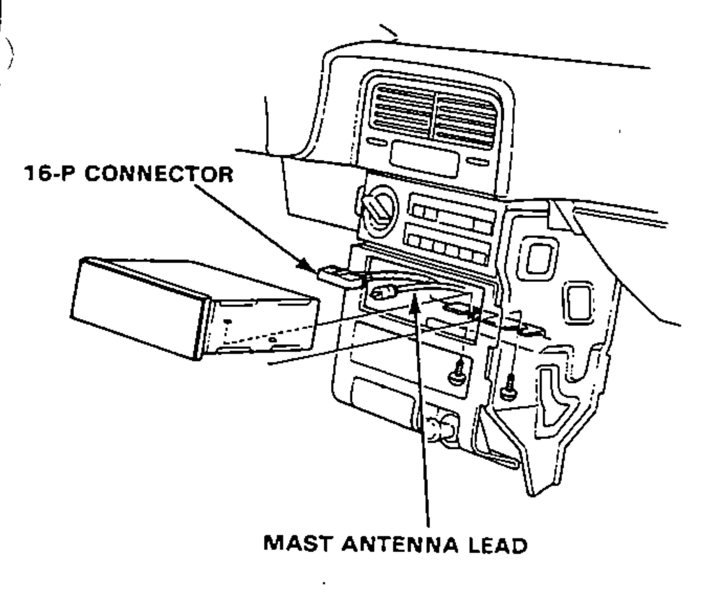 B-Type unit removal illustration: the stereo radio/cassette player slid out of the center instrument panel showing the mounting screws, with leader lines to the 16-P CONNECTOR and MAST ANTENNA LEAD to be disconnected.