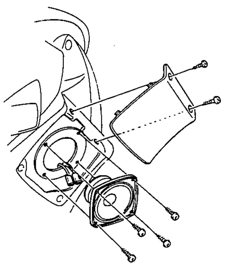 Front speaker removal: exploded view of the front-door/kick-panel speaker grille, mounting screws and the speaker being withdrawn from the panel.