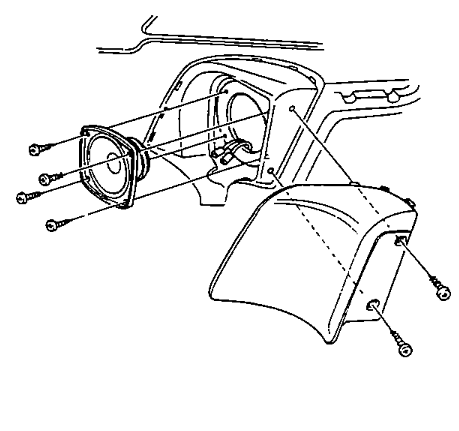 Rear speaker removal: exploded view of the rear side-panel speaker grille, mounting screws and the speaker being withdrawn from the panel.