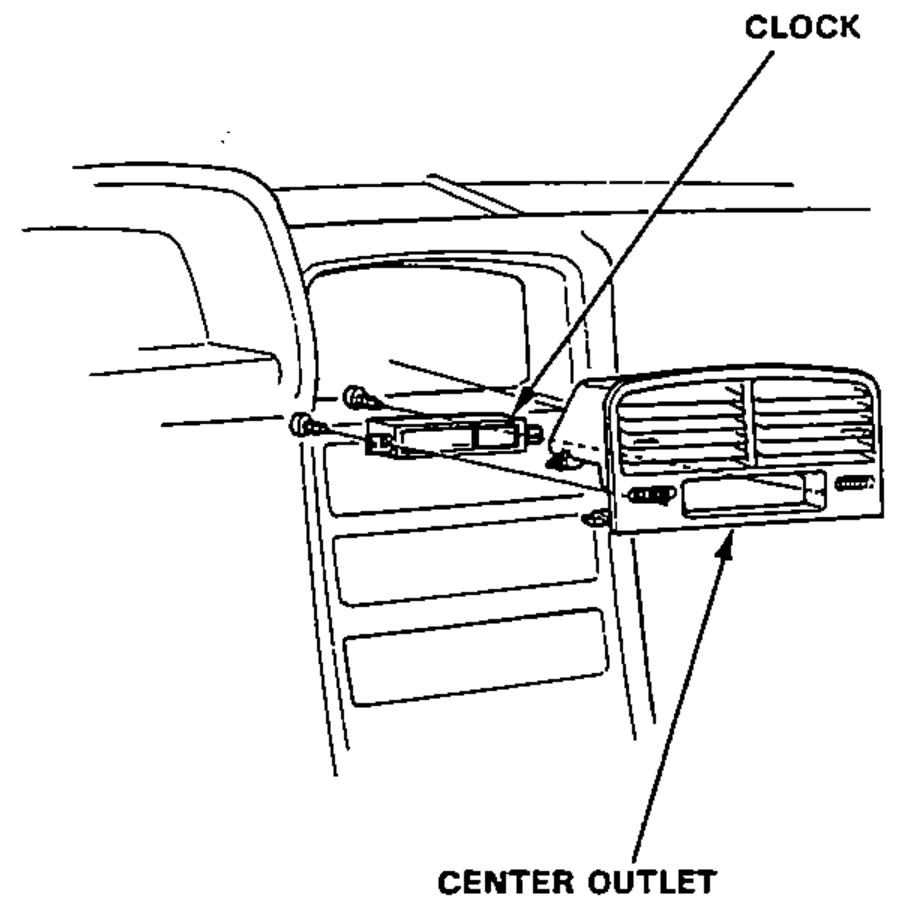 Illustration of the dashboard center outlet with the clock mounted behind it, showing the clock and center outlet locations for removal.