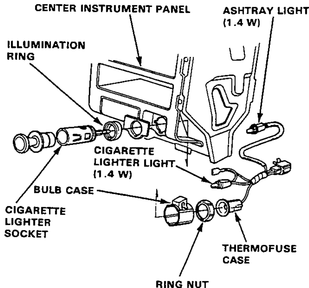 Si model exploded view of the cigarette lighter assembly relative to the center instrument panel, showing the illumination ring, socket, bulb case, thermofuse case and ring nut.