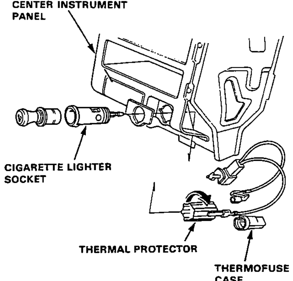 Std model exploded view of the cigarette lighter assembly relative to the center instrument panel, showing the cigarette lighter socket, thermal protector and thermofuse case.
