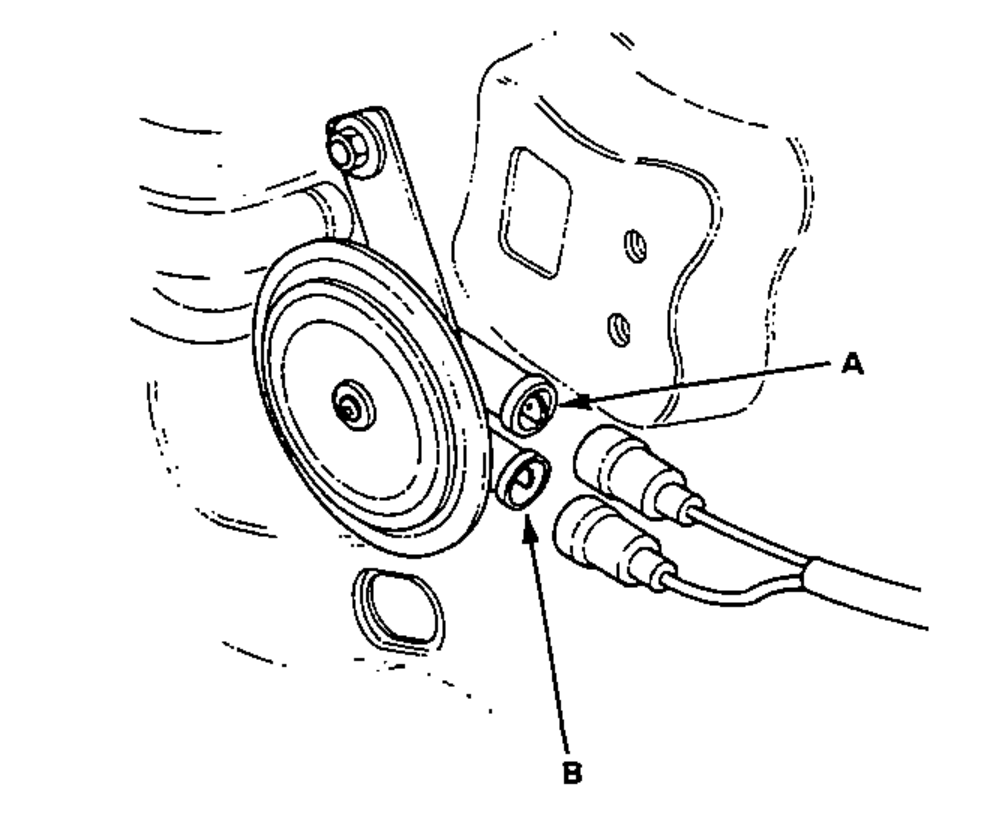 View of the horn mounted on its bracket behind the front bumper, showing the A and B terminals for the test.