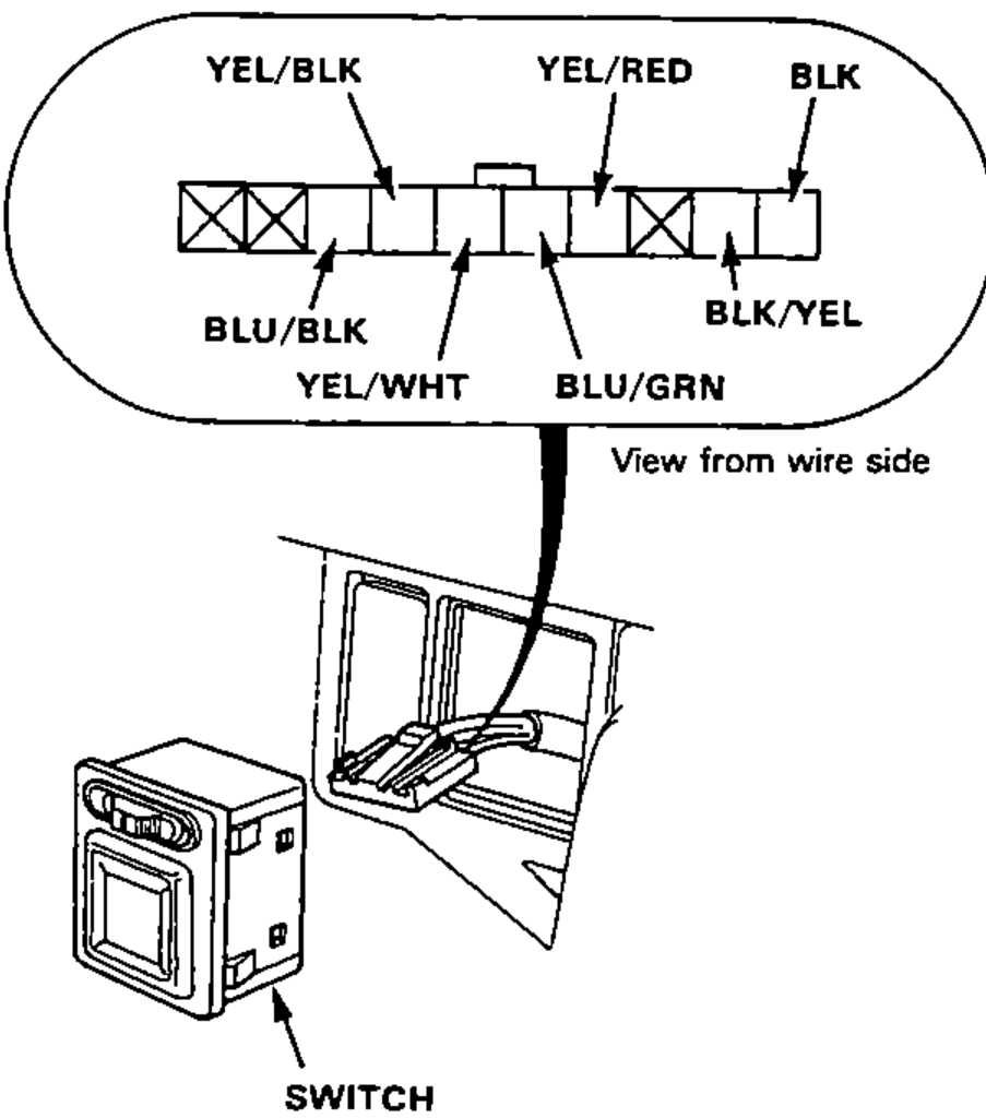 Power door mirror switch 10-P connector terminal layout viewed from the wire side, identifying each terminal's wire color, and the switch pushed out from behind the instrument panel.