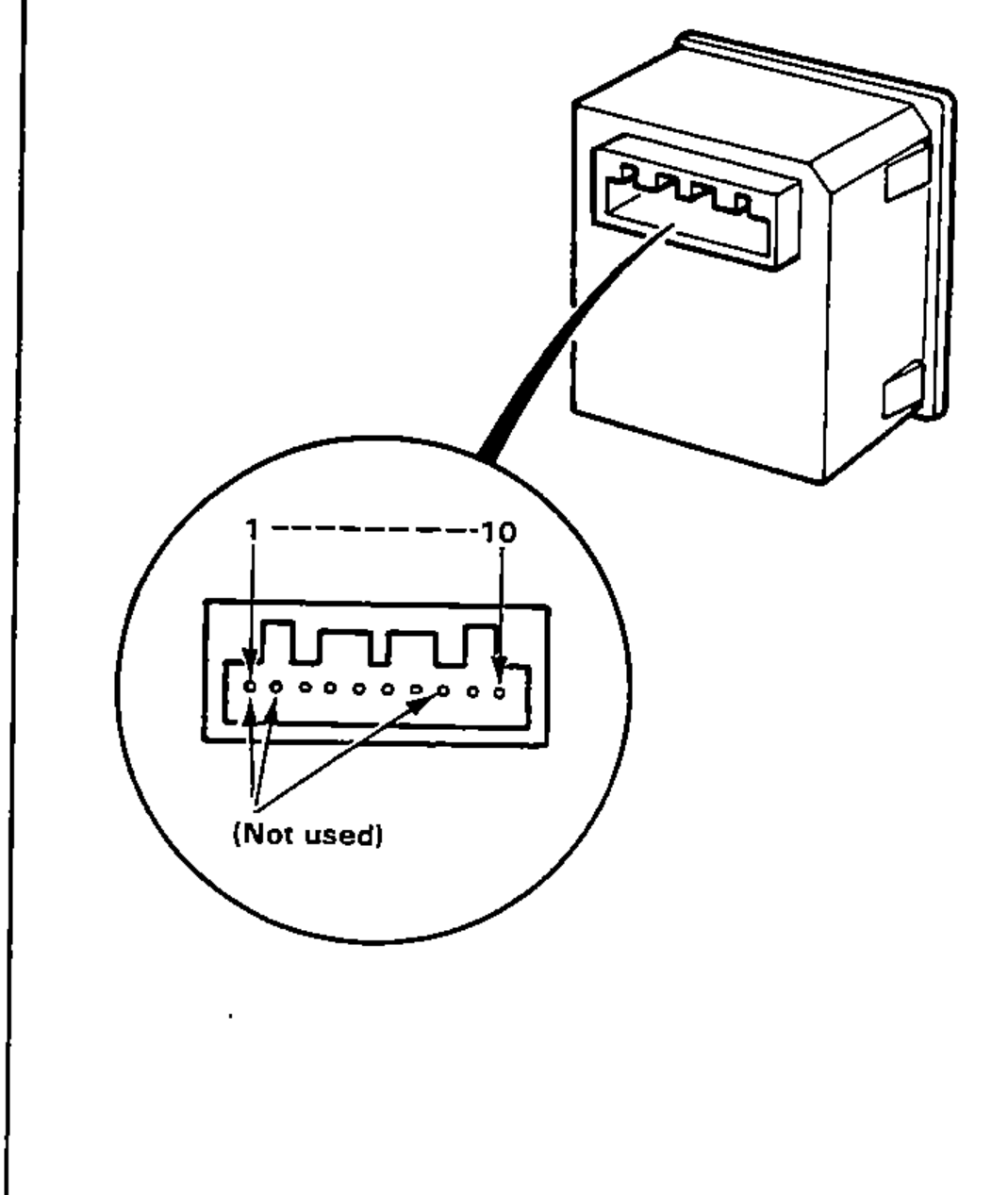 Power door mirror switch with an enlarged view of its connector terminal face, numbering the terminals 1 through 10 and marking the not-used terminals.