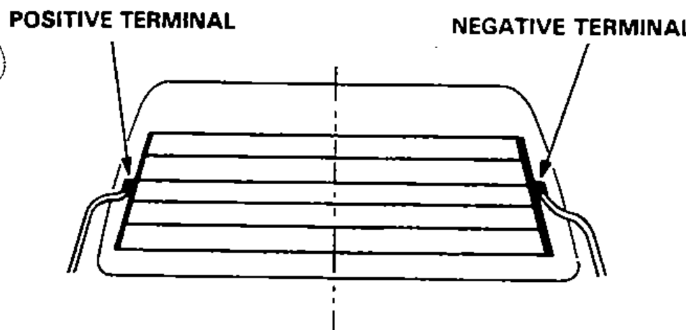 Rear window defogger grid viewed from the rear, showing the horizontal heating wires with the positive terminal on the left side and negative terminal on the right side, and a dashed centerline.