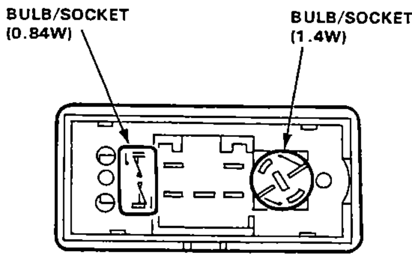Rear view of the switch showing the two bulb sockets: BULB/SOCKET (0.84W) on the left and BULB/SOCKET (1.4W) on the right, illustrating socket removal by turning 45 degrees counterclockwise.