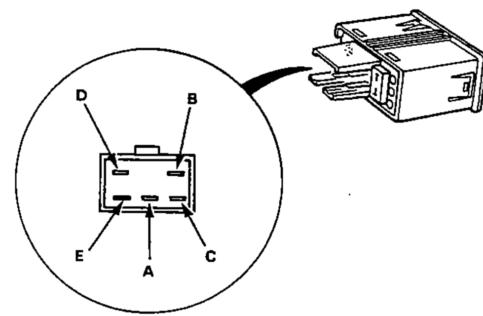 Terminal layout of the switch 6-P connector viewed from the wiring side, with terminals D and B on the top row and E, A, C on the bottom row.