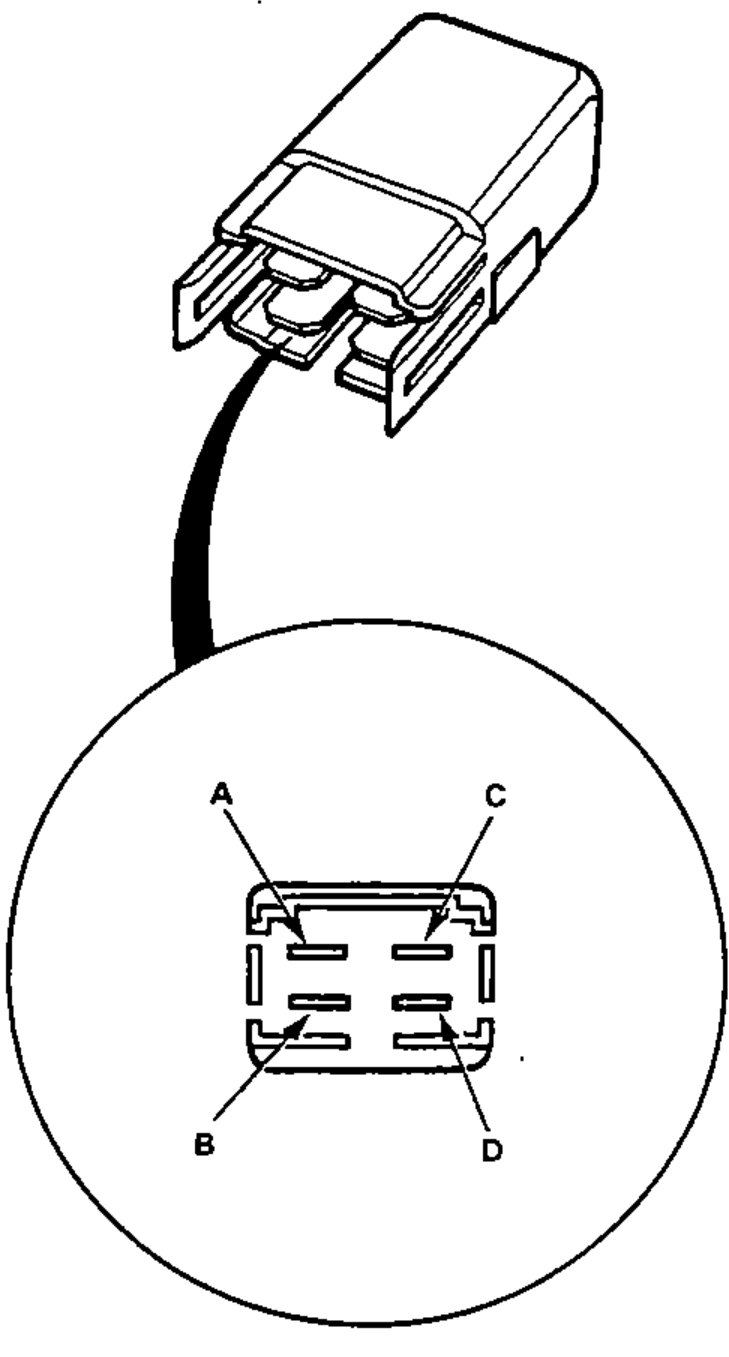 Rear window defogger relay with a magnified inset showing the terminal layout: A and C on the top row, B and D on the bottom row.