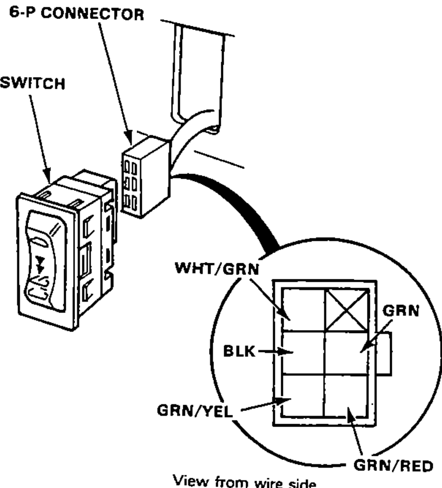Sunroof switch and 6-P connector with a wire-side view of the connector terminals, showing which wire color goes to which terminal.