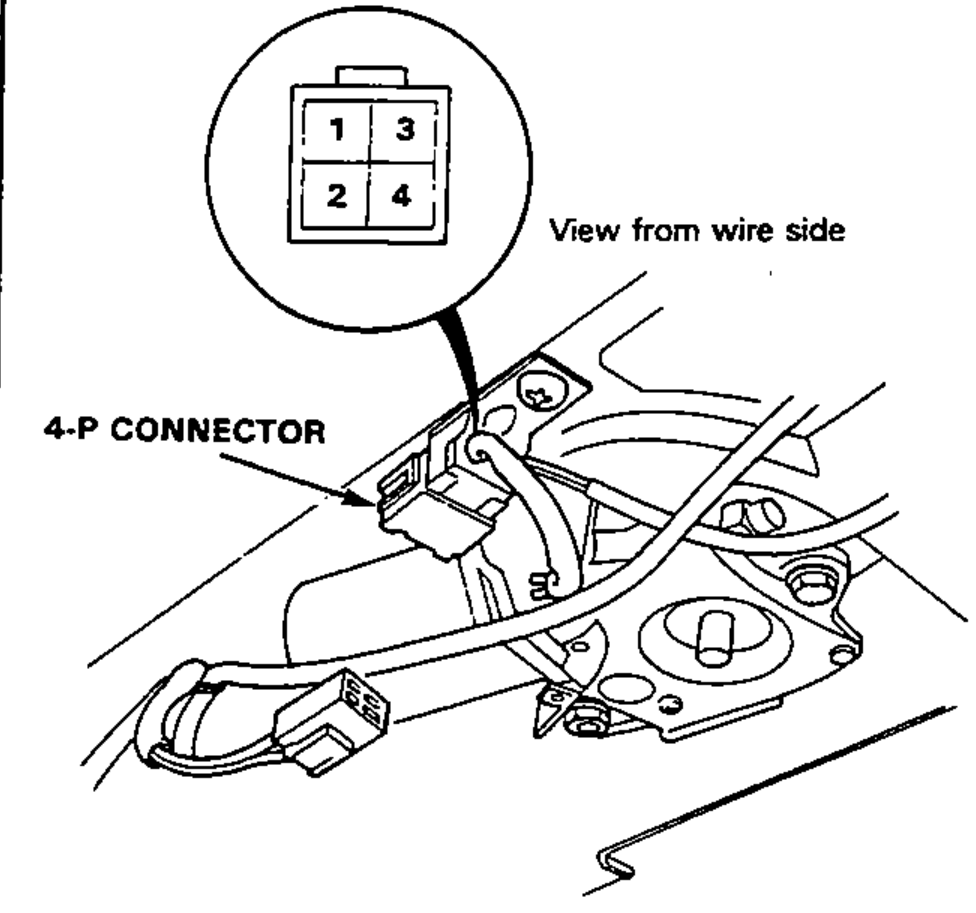Sunroof motor 4-P connector disconnected, with an inset circle showing the connector terminal layout (1, 2, 3, 4) viewed from the wire side, and the connector location on the sunroof motor assembly.
