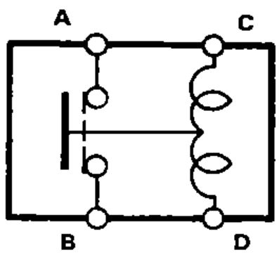 Internal schematic of the sunroof relay showing the coil between terminals C and D and the contact switch between terminals A and B.