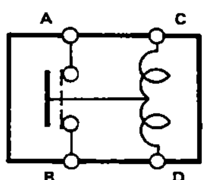 Internal schematic of the power window relay showing the coil between terminals C and D and the contact switch between terminals A and B.