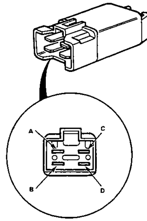 Power window relay body with an inset detail of its connector terminals labelled A and C (top) and B and D (bottom).