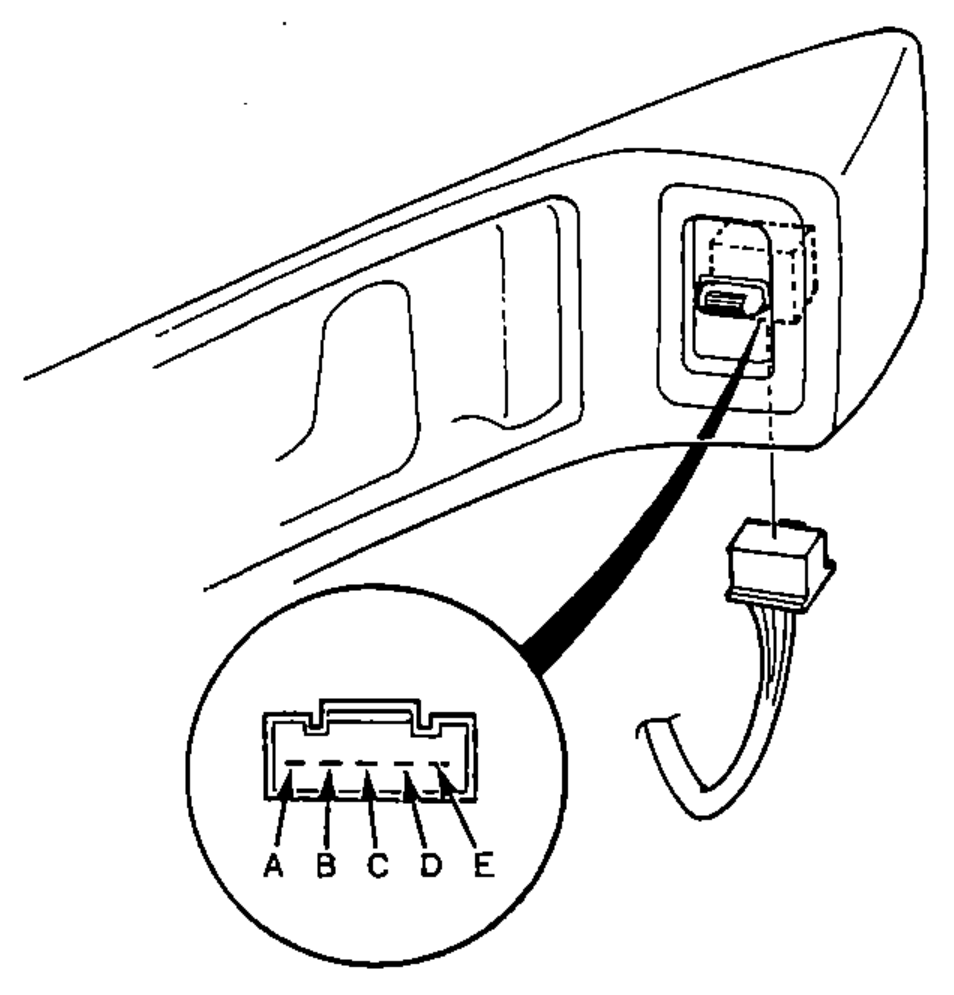 Passenger power-window switch removed from the door trim panel with a magnified inset of its 5-P connector, terminals labelled A, B, C, D, E left to right.