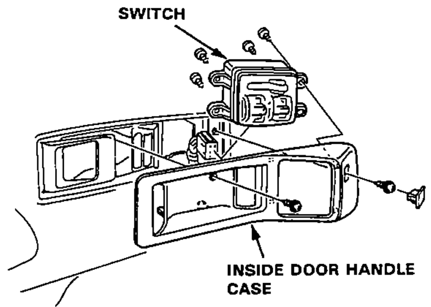 Driver's power-window switch replacement — exploded view showing the switch attached to the inside door handle case with mounting screws.