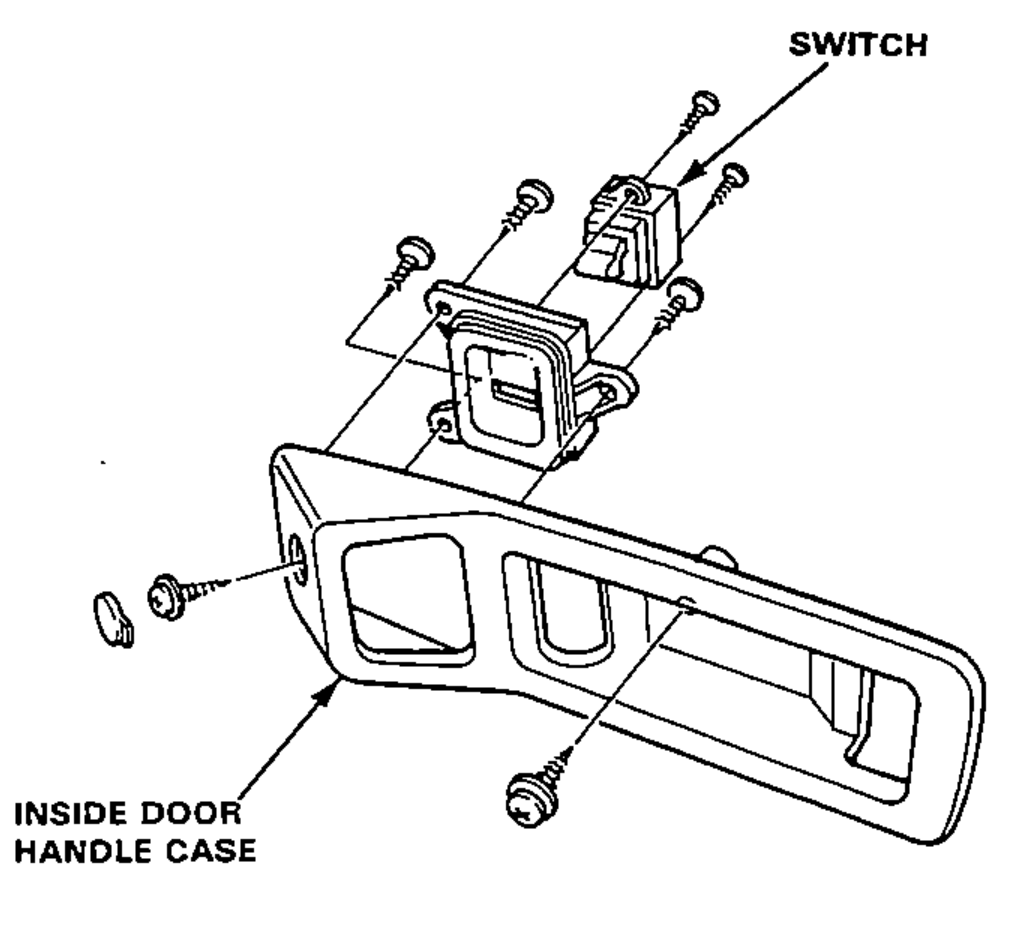 Passenger power-window switch replacement — exploded view showing the switch attached to the inside door handle case with mounting screws.