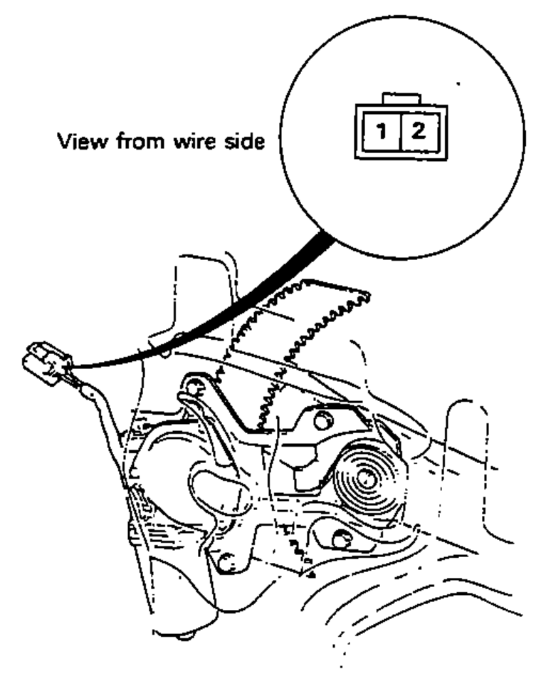 Passenger door power-window motor and regulator location with a magnified inset of the 2-P connector viewed from the wire side, terminals 1, 2.